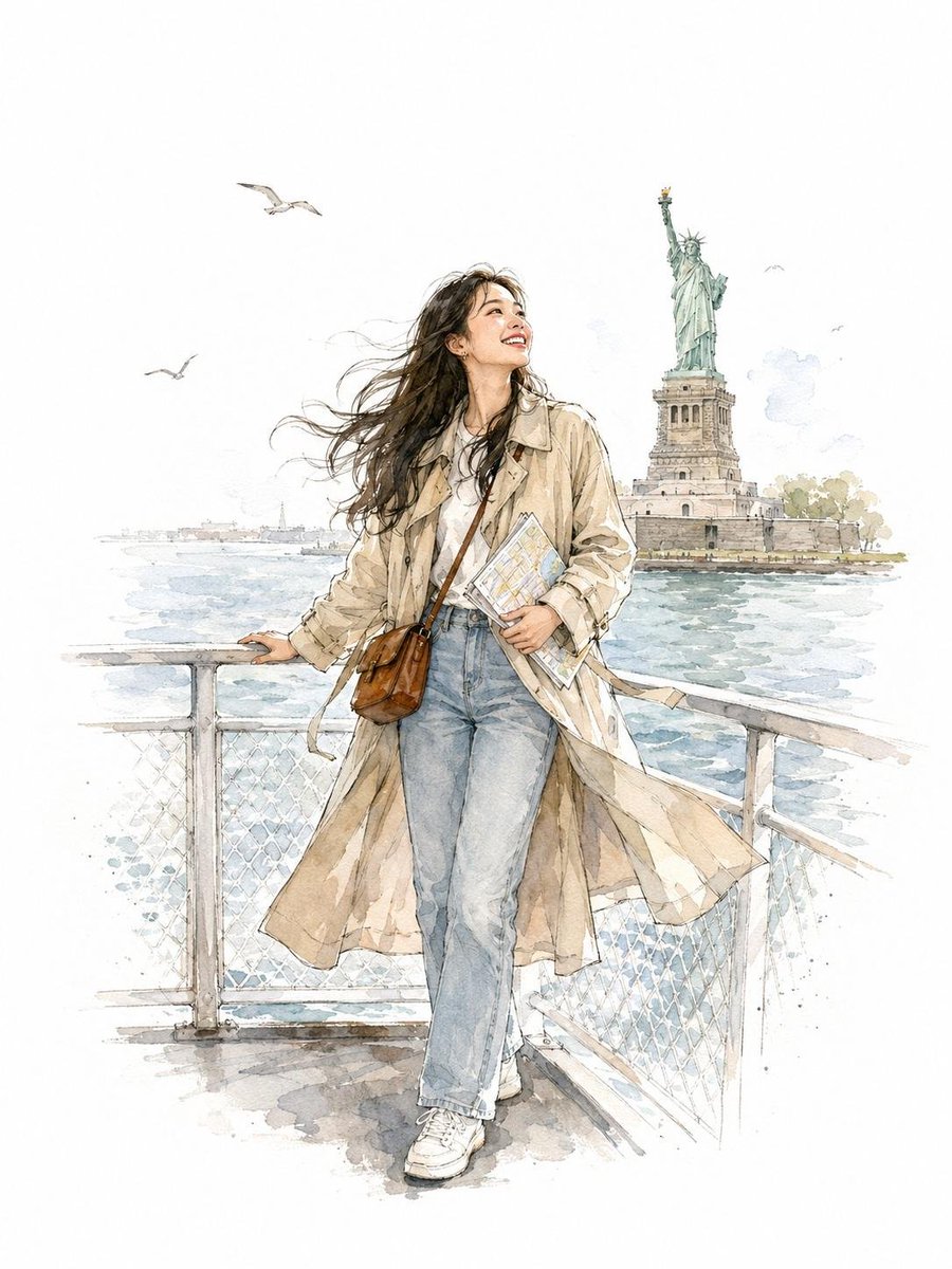New york travel character watercolor 