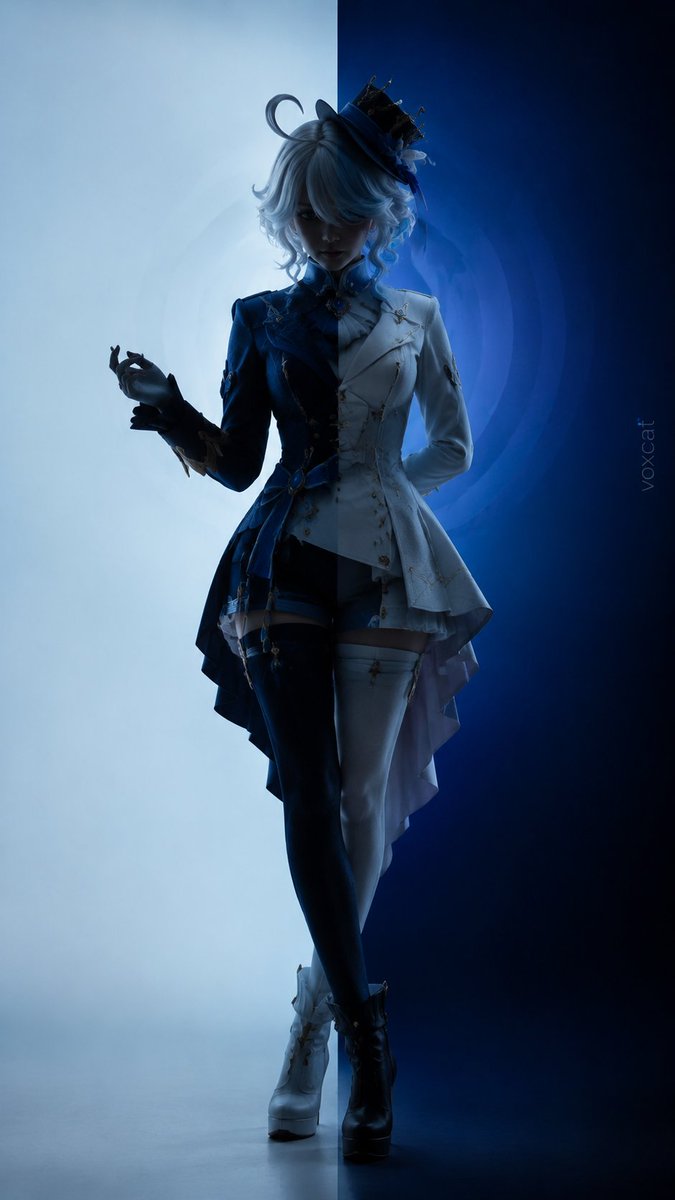 一位成年女性真人 COS,明确扮演《原神》芙宁娜的真人化版本。她佩戴银白偏冷的短发假发,发尾和内层带浅水蓝色,整体为略不