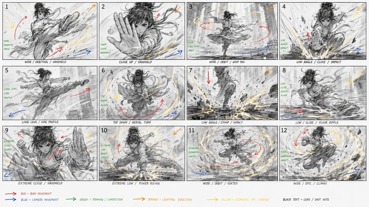 Create a raw kung fu performance storyboard focused on extre