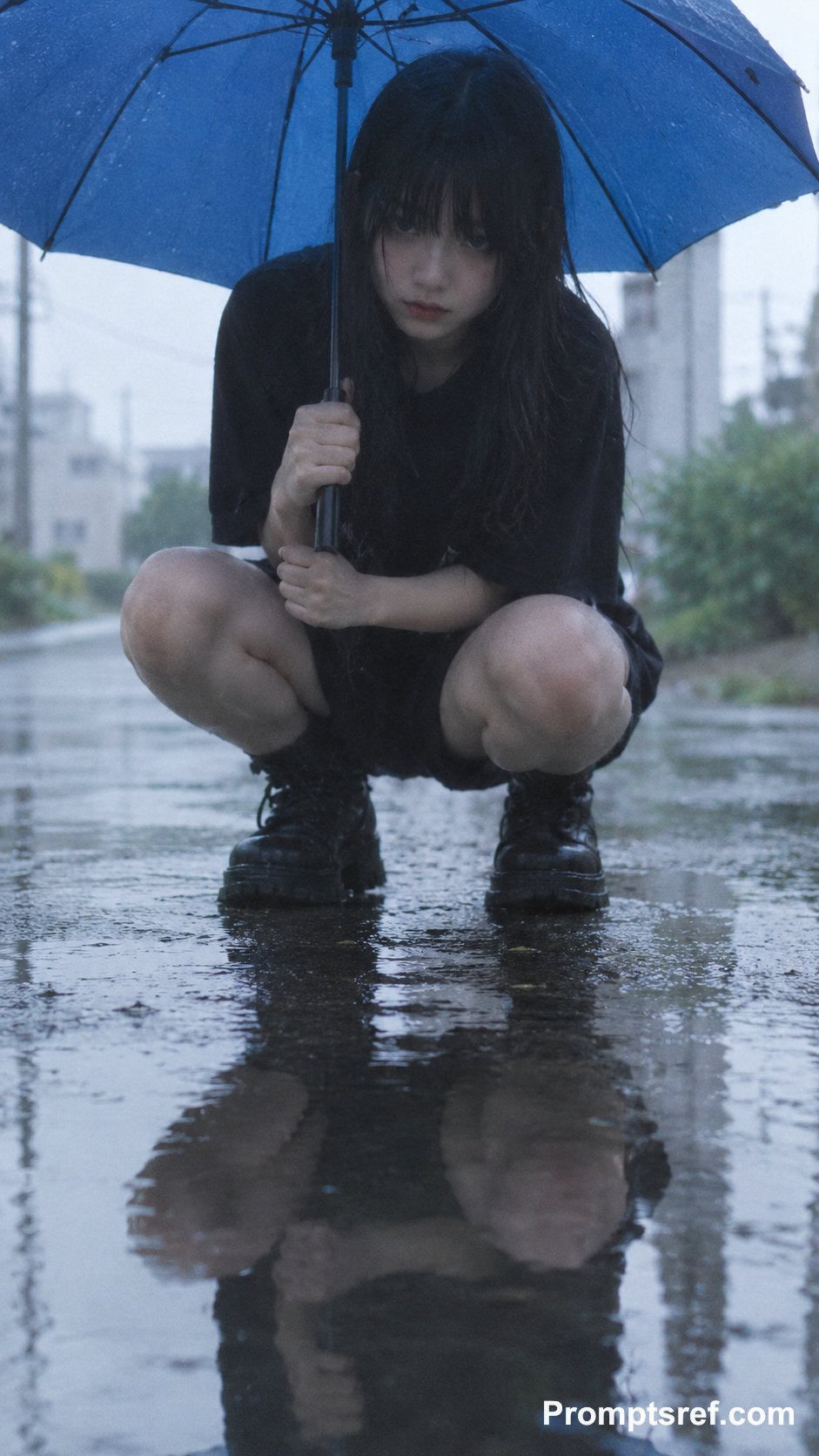 A realistic rainy-day street portrait with the visual langua