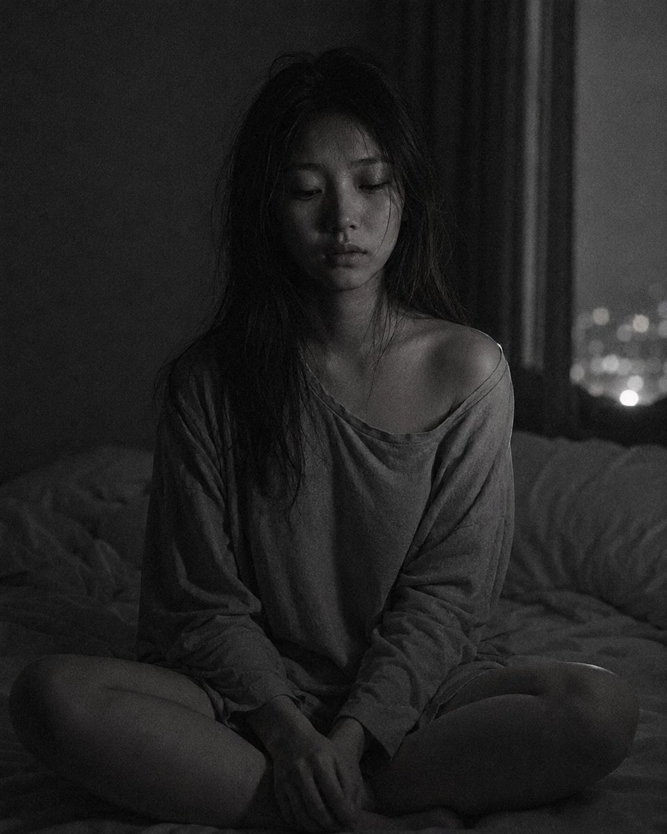 Medium close-up portrait, 85mm f/1.4, a young East Asian wom