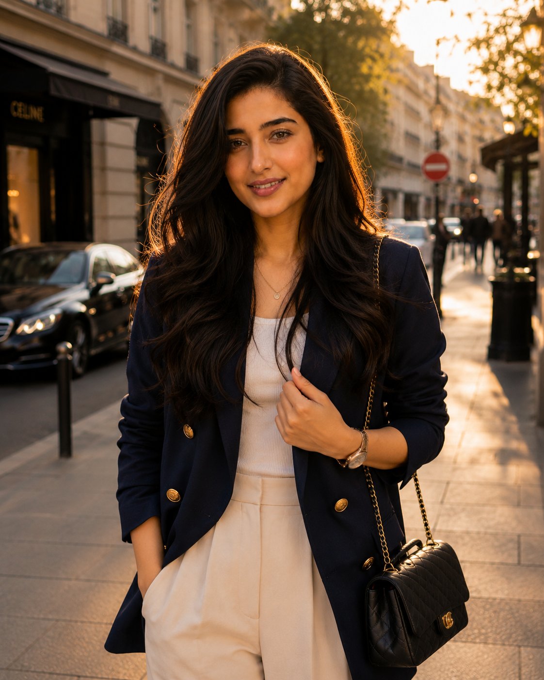Ultra-realistic luxury street-style portrait of a beautiful