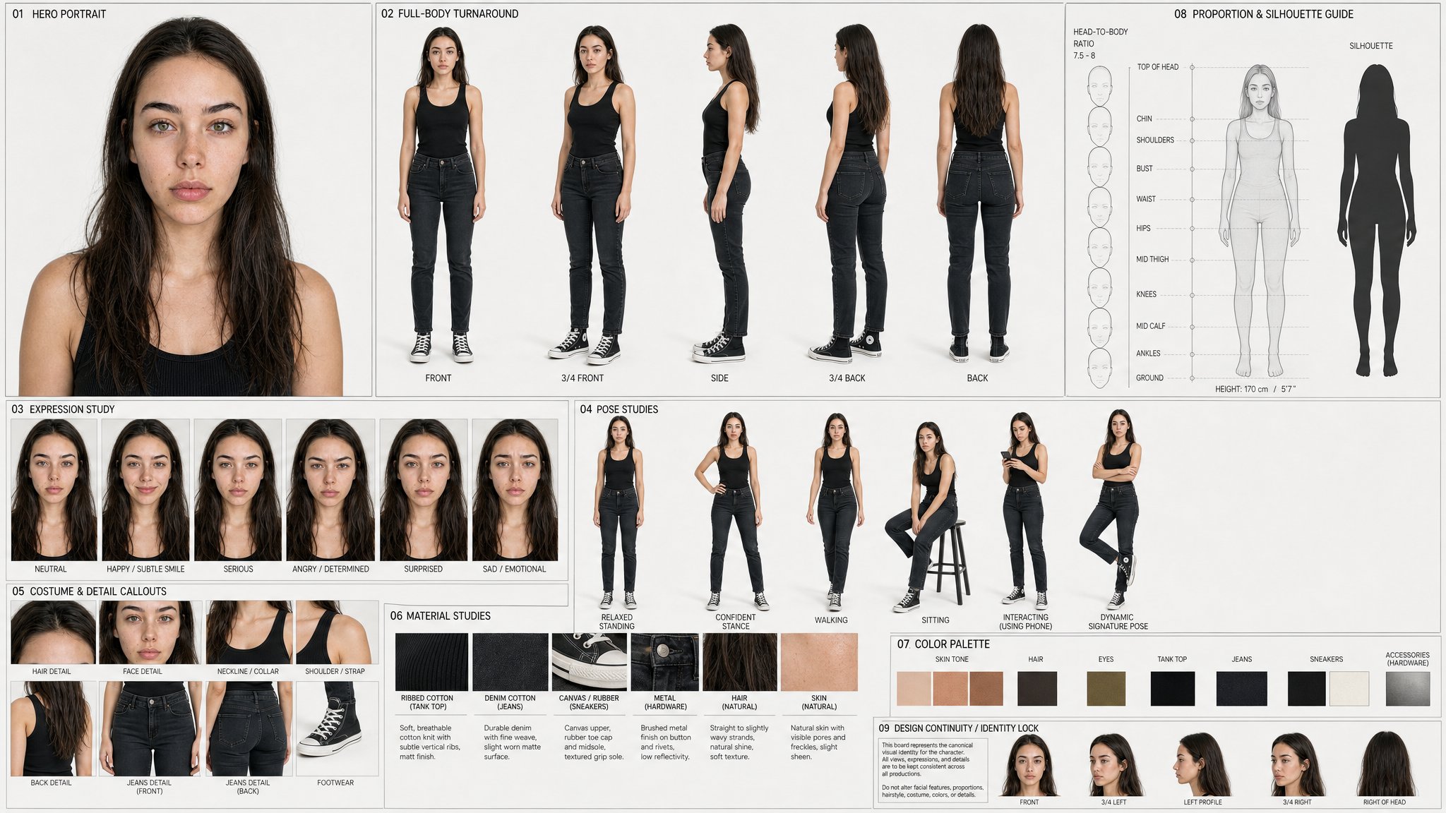 Create a premium professional character design reference she