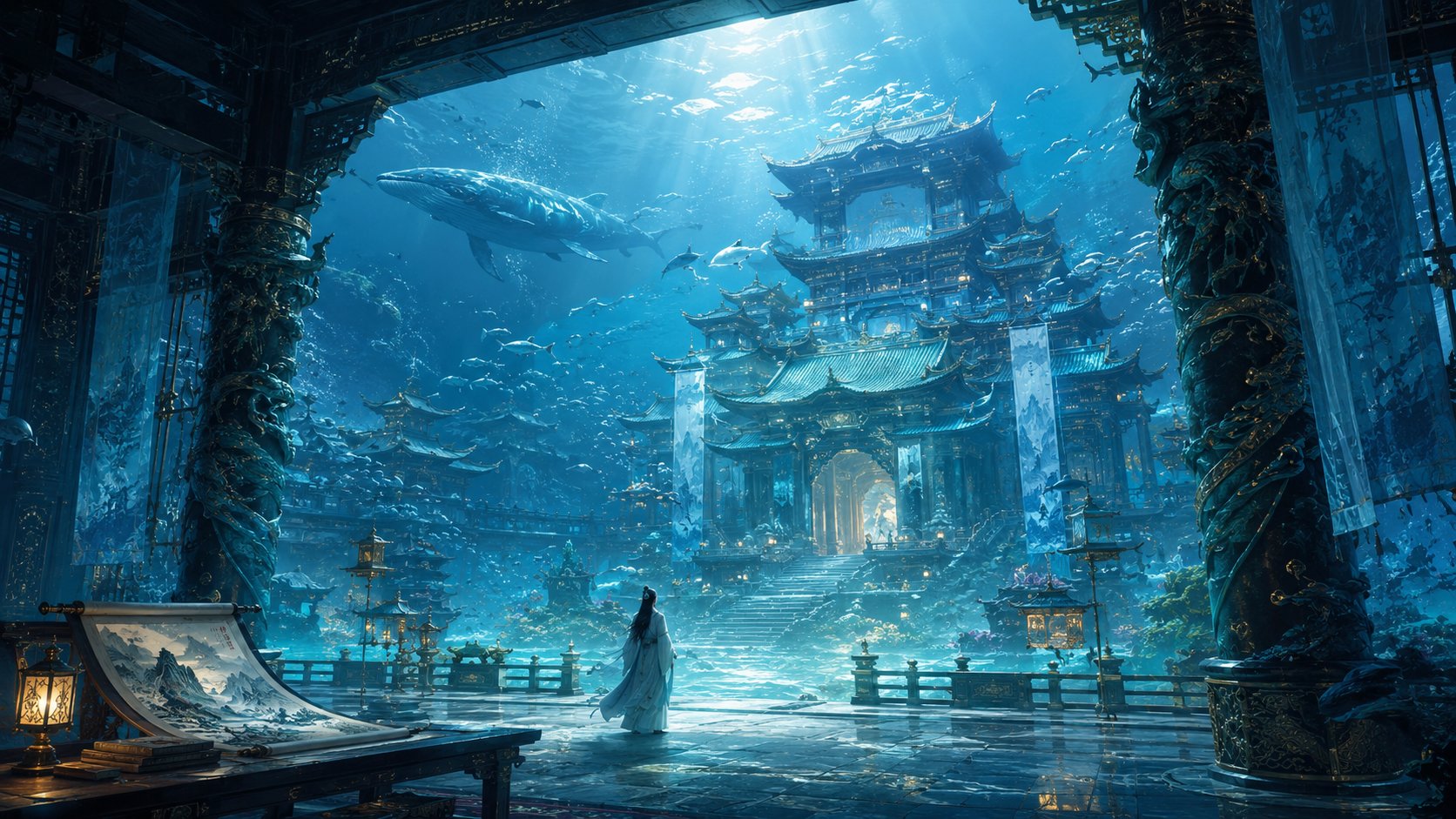 国风图片提示词：海底仙宫，星河观象殿，月宫画院，敦煌壁画。