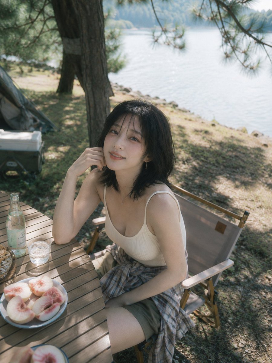 盛夏户外草地野餐，一位年轻中国女性躺在白色野餐垫上，闭着眼睛轻轻微笑，神情放松慵懒。一只手自然撑在头后，身体微微侧躺，黑