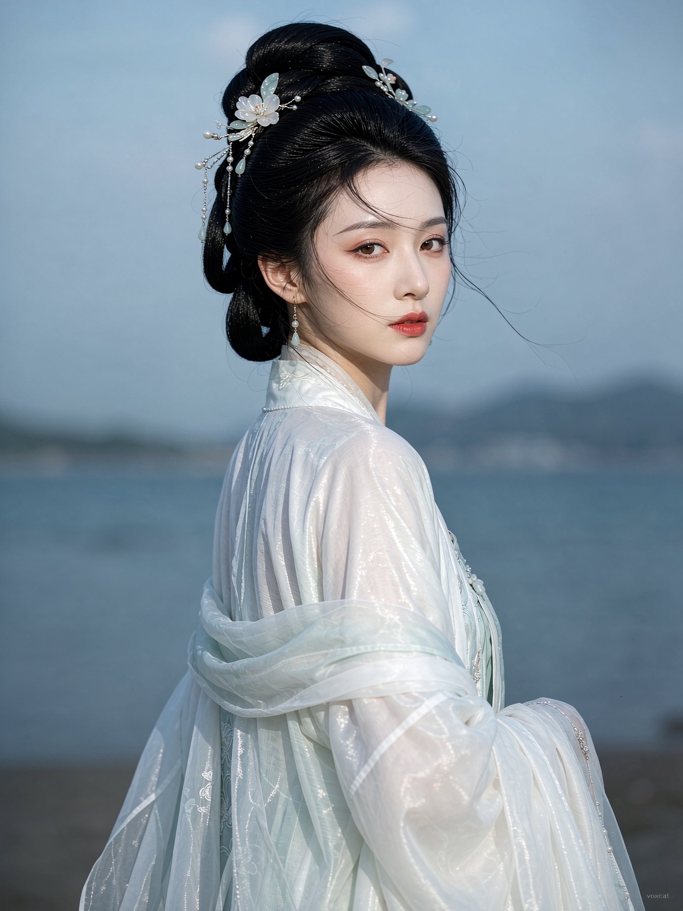 [角色 / 主题]，成年东方女性，真人古风角色写真，半身偏近景，身体轻微侧向画面一侧，肩背朝前，头部自然回转看向镜头，形