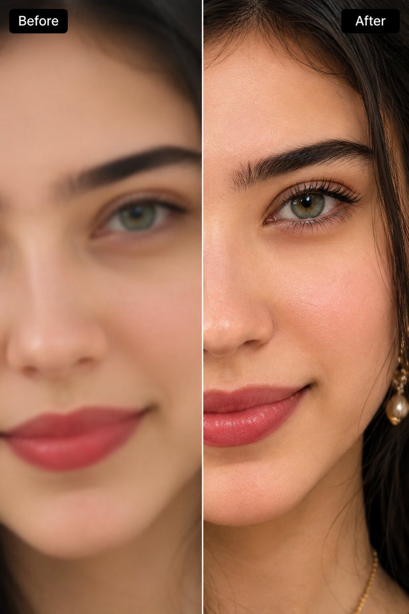 Extreme close-up split-screen comparison image of a young wo