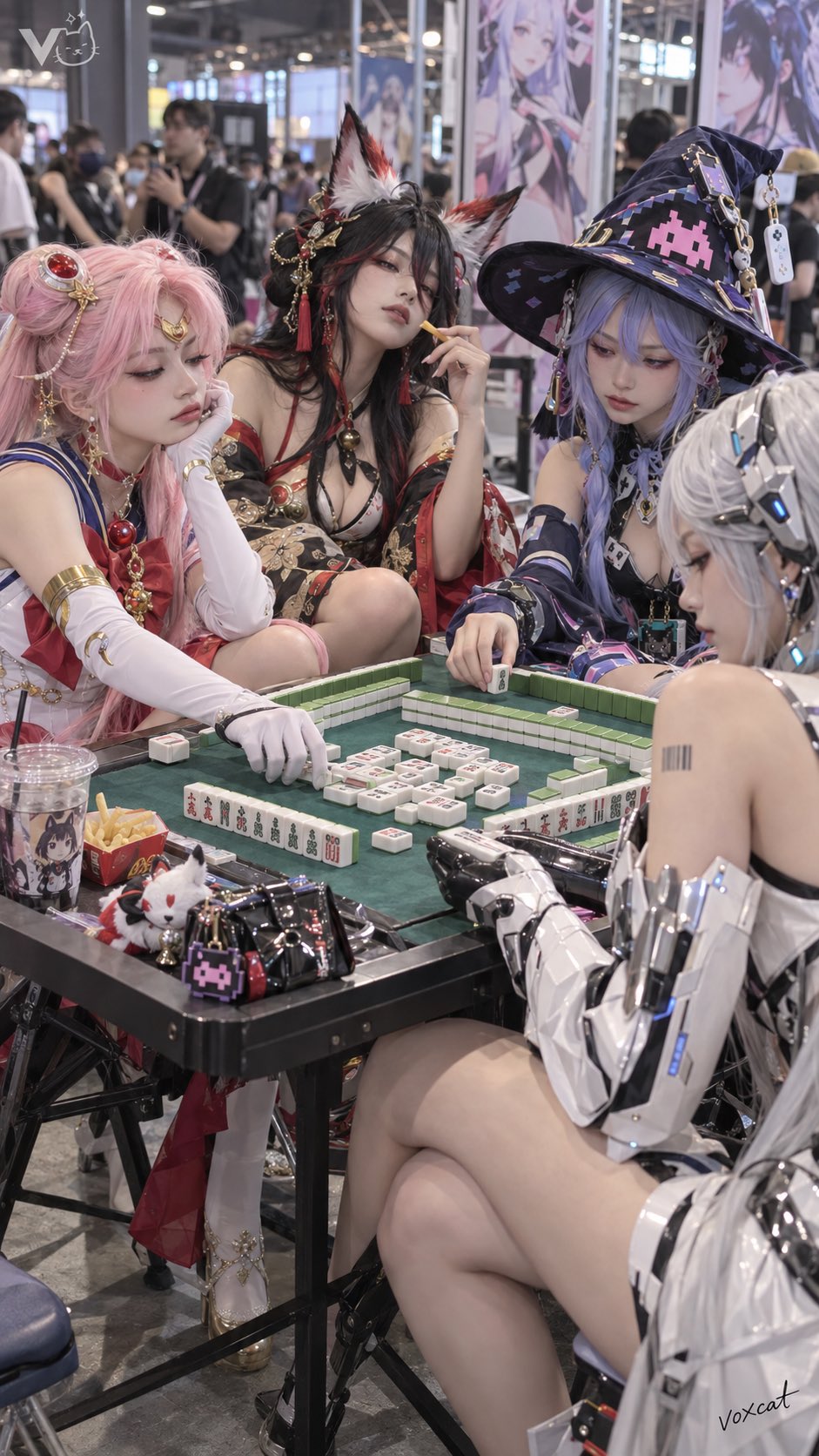 漫展现场路人返图风格，4位高完成度二次元 cosplay 成年女生，围坐在一张麻将桌前打麻将，整体呈现真实漫展现场中被路