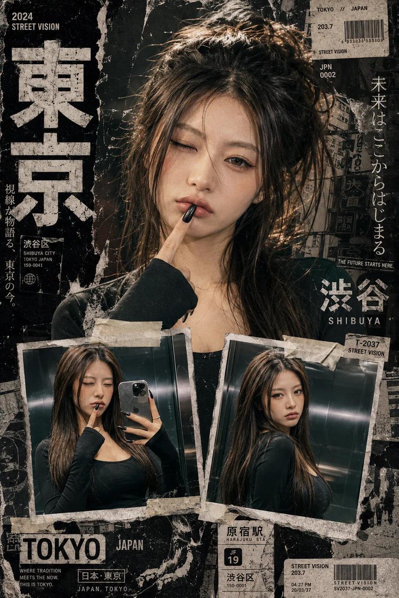 Create a bold Y2K Japanese street-editorial collage poster w