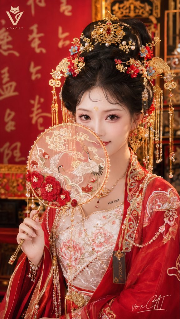 自定义角色，年轻成年东方女性，新中式古风婚礼写真风格，唐风宫廷仕女与红金中式婚服造型融合，精致小巧脸型，冷白粉调瓷感肌肤
