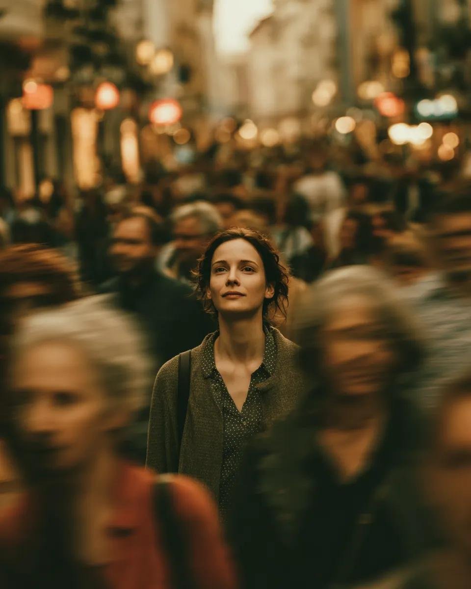 A woman walking calmly in the middle of a bustling crowd, wi