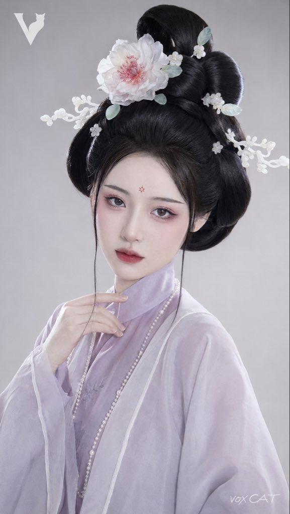 一张 9:16 竖版古典汉服妆造棚拍肖像，以一位成年东亚女性为主体。整体风格为：魏晋风高髻 × 古典仕女妆造 × 清冷柔