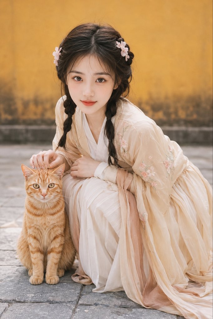 竖幅中近景古风人像，少女蹲在青石板古寺地面，指尖轻触橘色条纹虎斑猫咪头顶；少女穿浅杏色宋制改良汉服，薄纱罩衫带浅粉小花刺