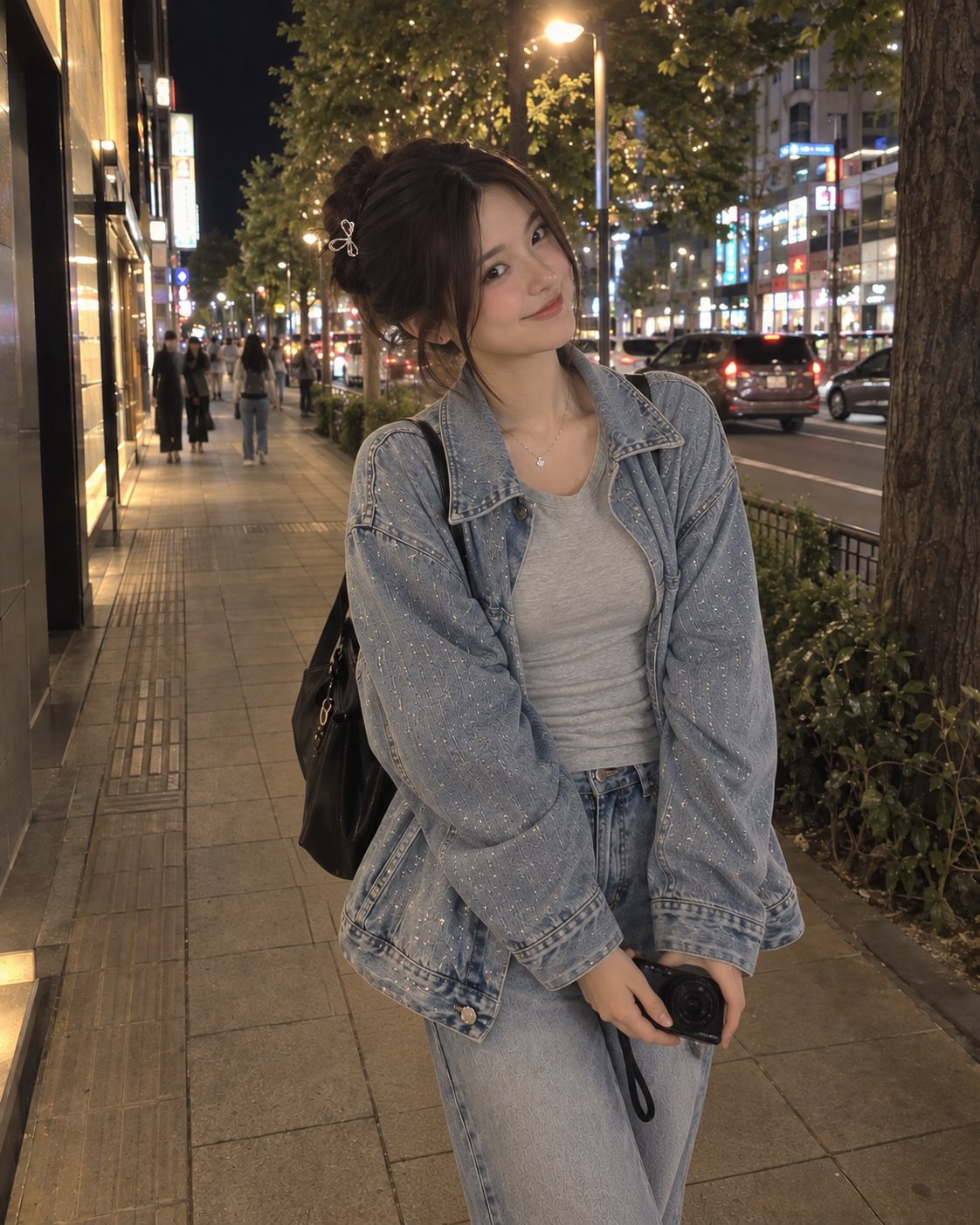 A photorealistic nighttime street-fashion portrait of a youn