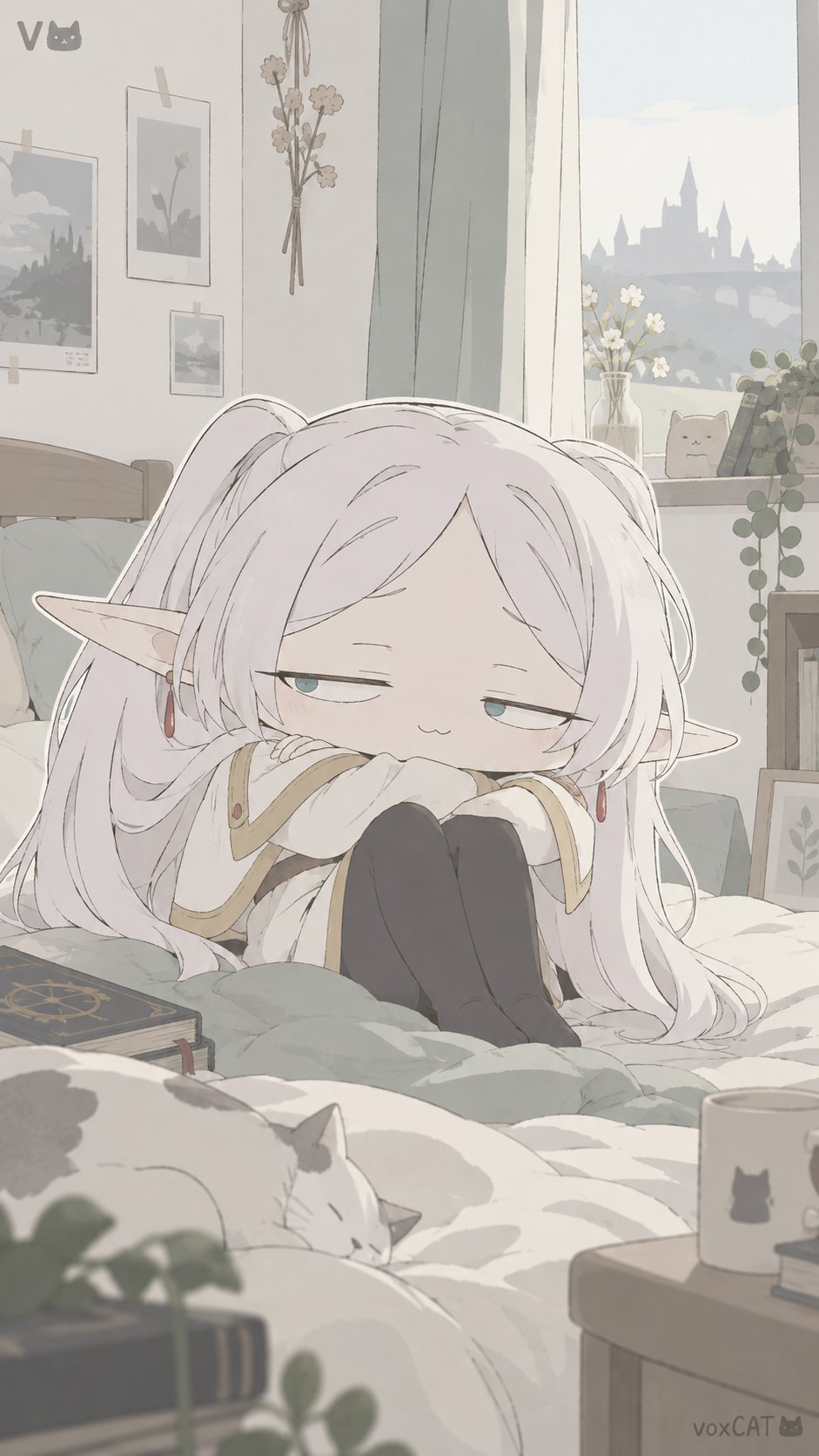 {角色 / 主体}，日系脱力系小人生活插画。大头小身体但避免传统 Chibi，横向扁圆脸、大片头发、五官压缩至脸部中下区