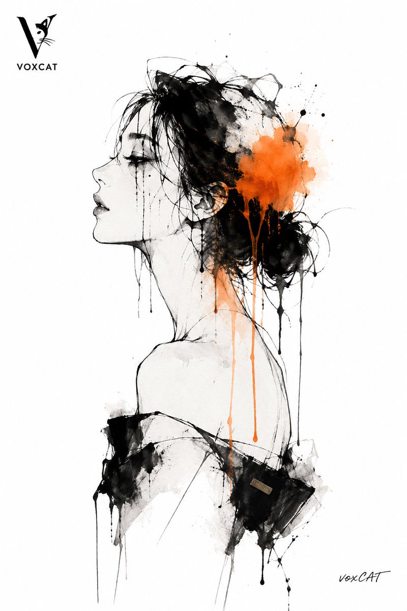 极简实验动画海报，一位人物侧脸肖像，由黑色线条与橙色液态颜料(发梢)自然形成。