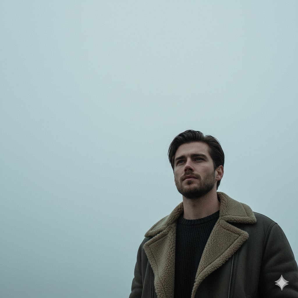 Create a low-angle neo-noir sci-fi still, chest-up portrait 