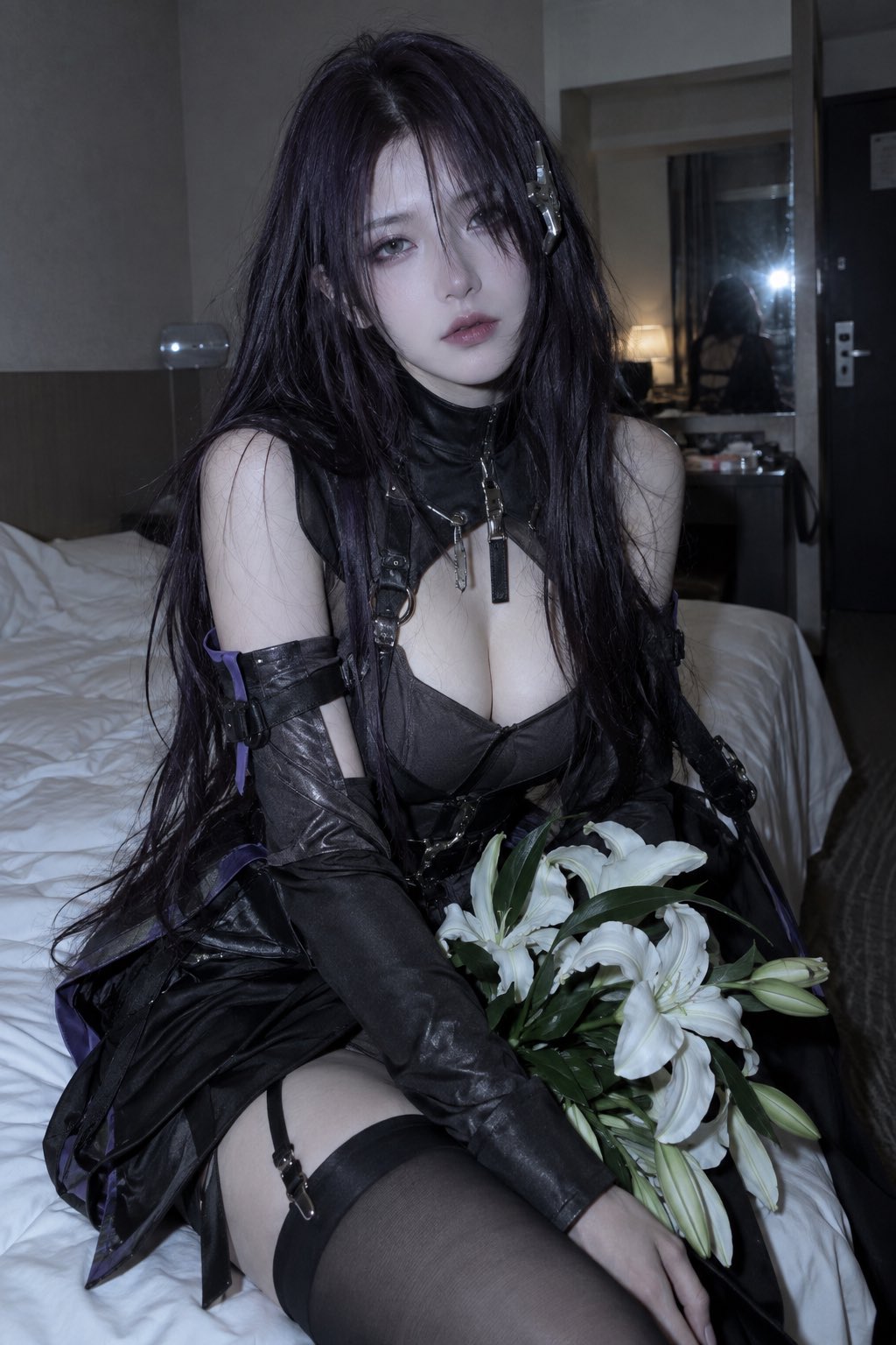 {角色}真人 Cos，明确成年人物。私人空间人物摄影 × 廉价酒店反时尚写真 × 冷色直接闪光 × 疲惫感肖像。