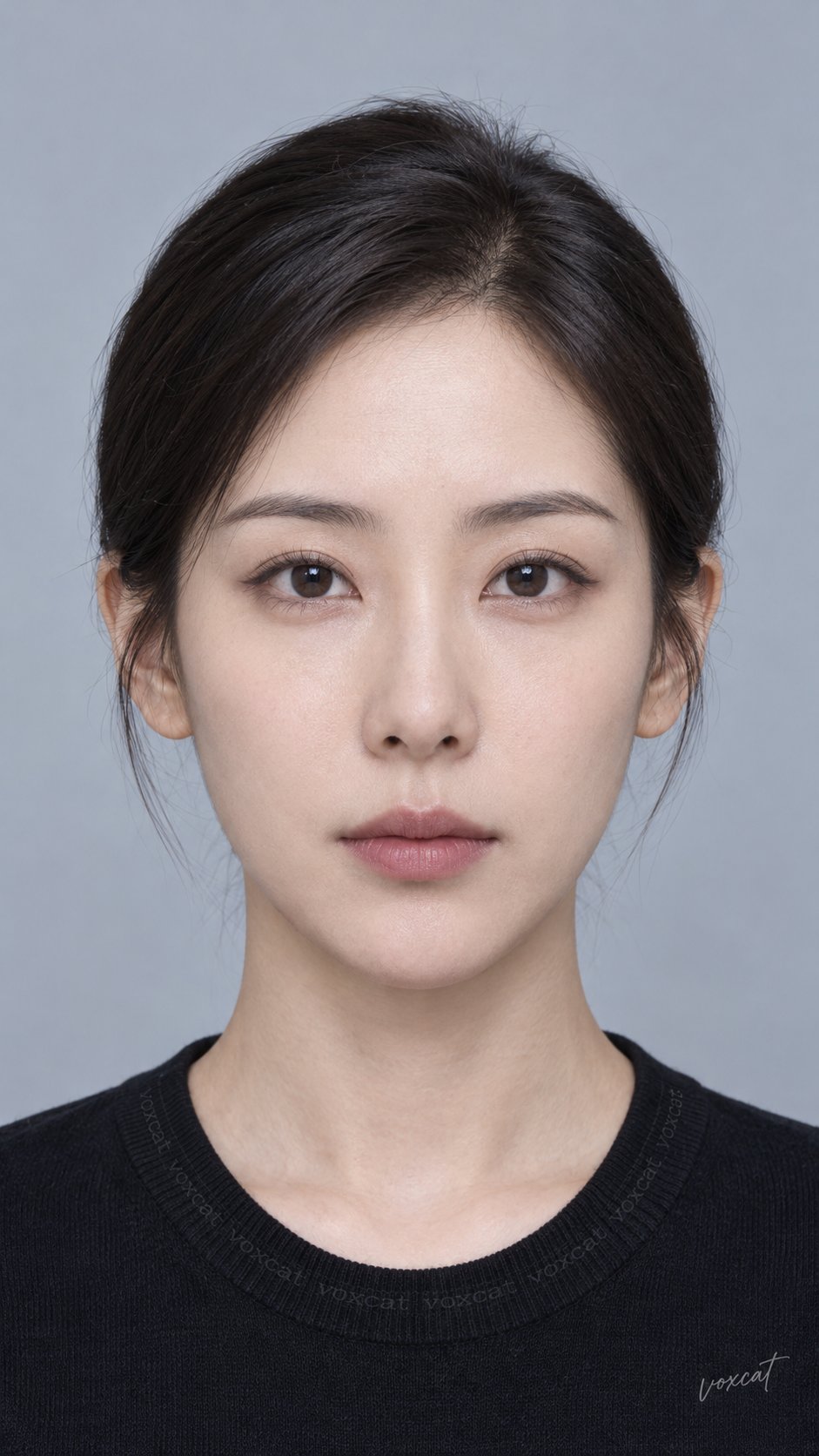 9:16竖幅。 东方成年女性正面证件照,影棚人像摄影,近景特写,镜头与眼睛平齐;人物端正面对相机,头部不偏转、不仰俯,