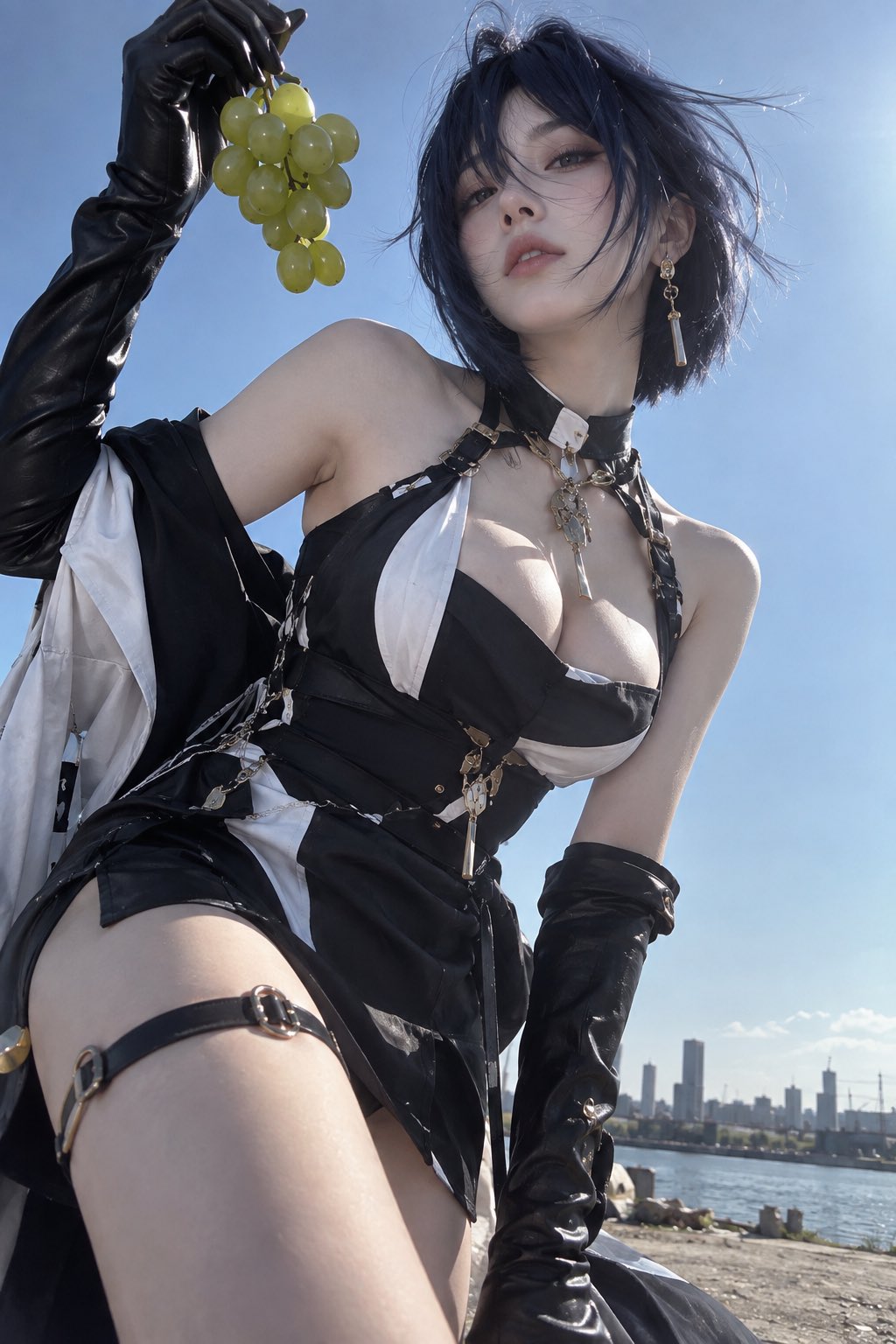 {角色}真人 Cos，明确成年人物。低机位身体摄影 × 反时尚 Editorial × 荒诞商品展示 × 户外直接闪光。