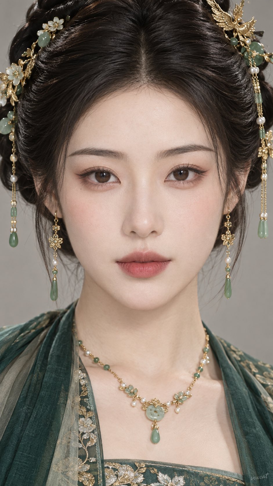 ，东方成年女性正面肖像，超近景贴脸特写，镜头距离非常近，画面几乎被脸部填满，人物正面面对镜头，头部端正稳定，视线直视镜头