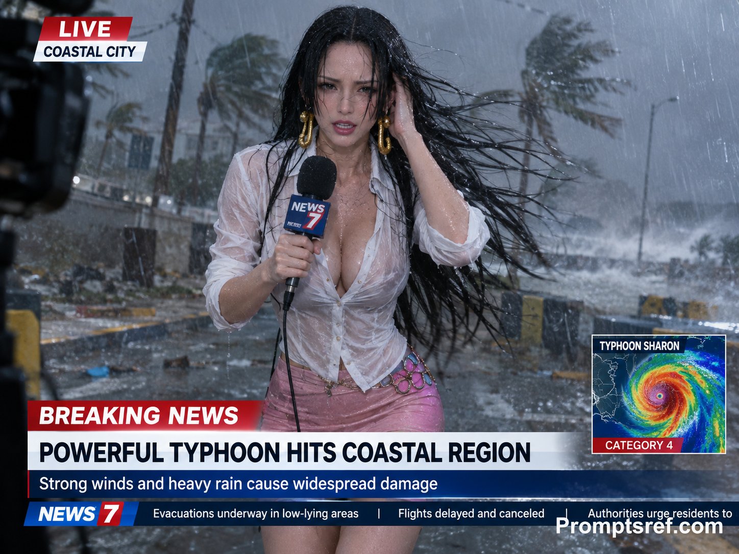Hancock cosplayer as a TV news reporter, reporting live from