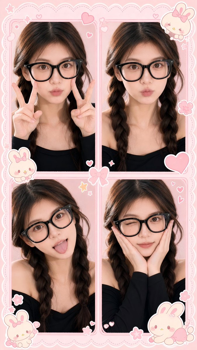 A pink kawaii four-panel selfie sticker template