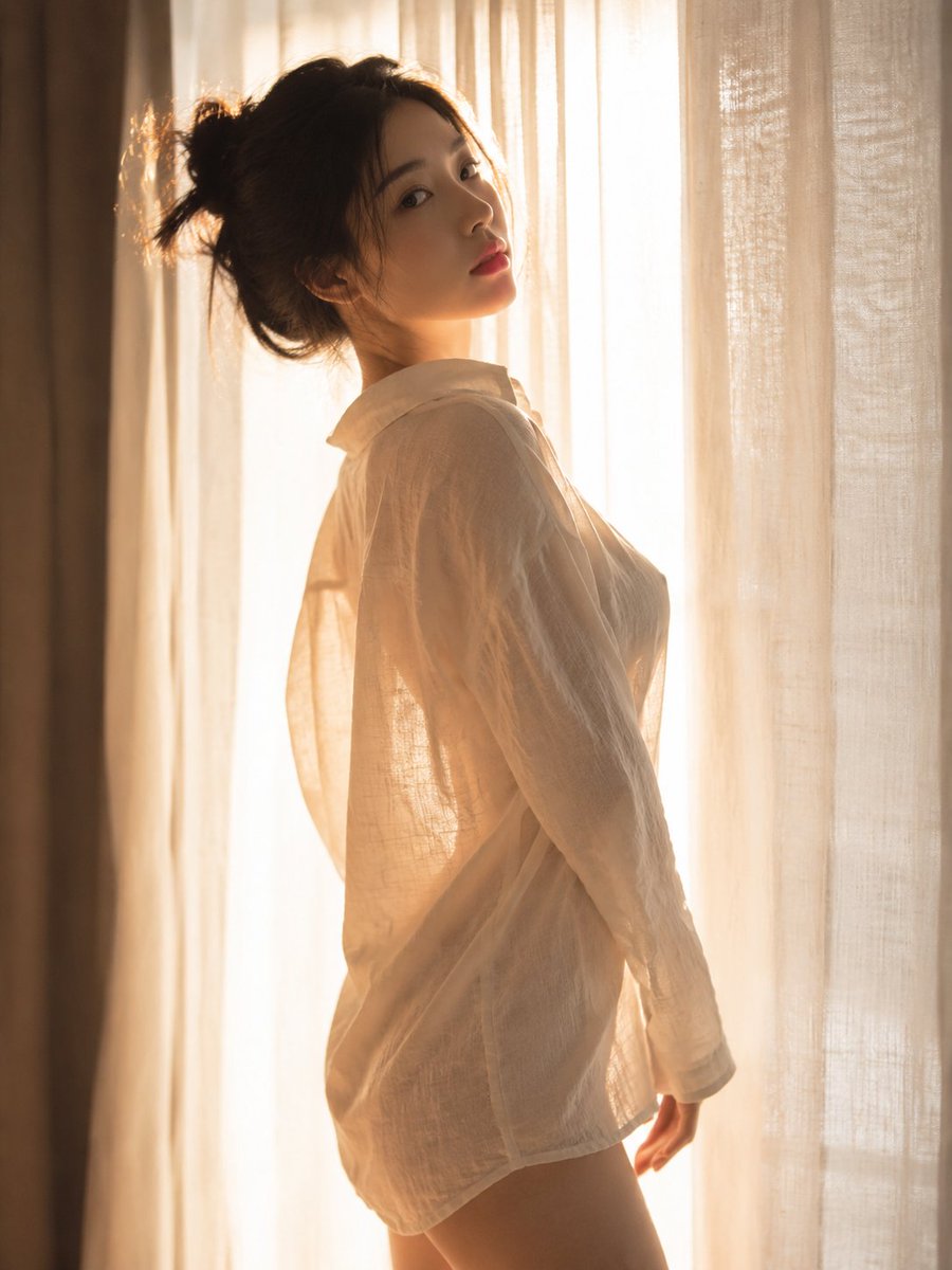 一名23岁东亚女模特，穿着宽松的亚麻衬衫侧身站立。亚麻衬衫透光而不透明，在逆光的照射下，身体前、后的曲线展露无遗，姿态优