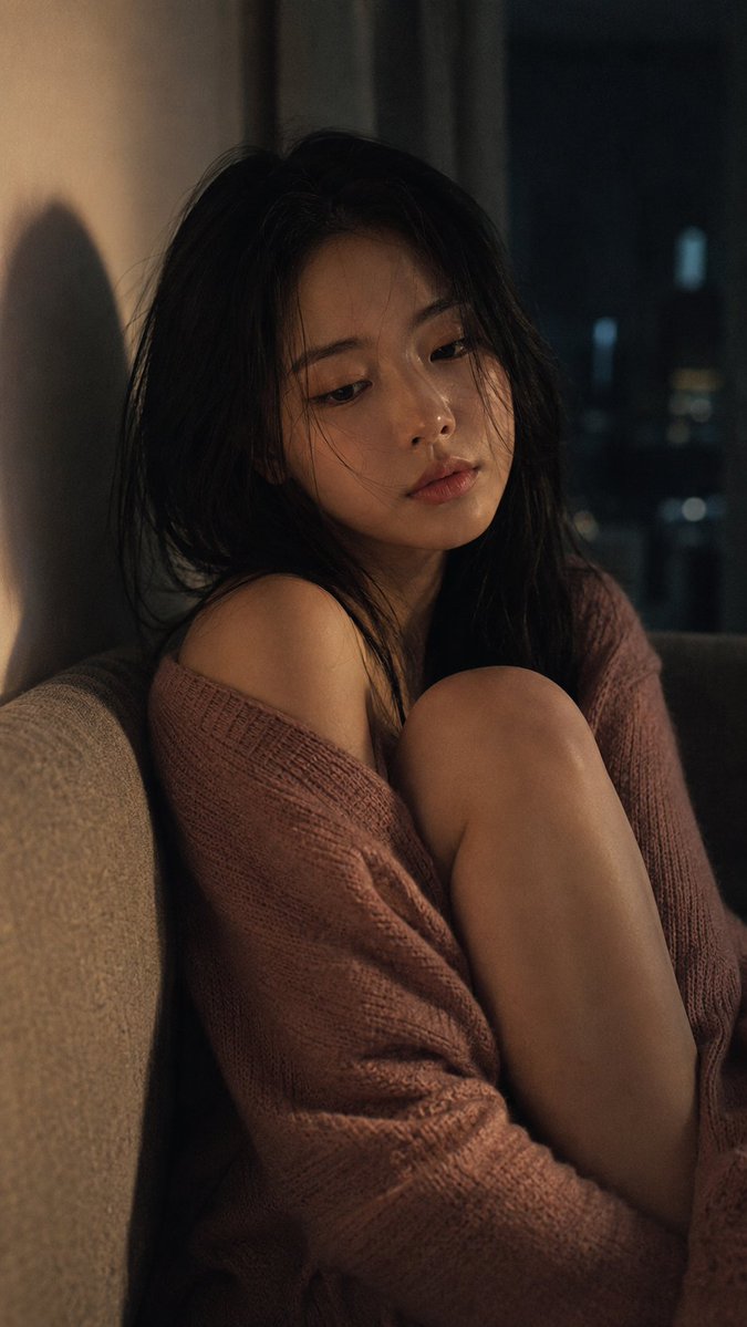 Medium close-up portrait, 85mm f/1.8, young East Asian woman