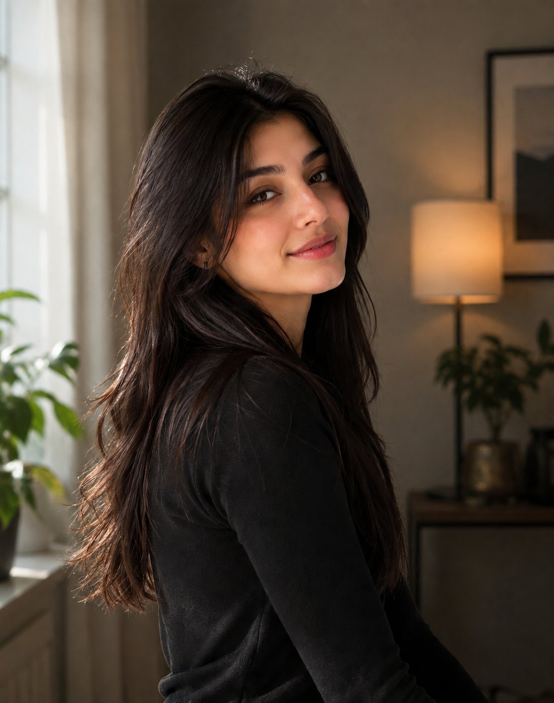 Medium close-up portrait of a young South Asian woman with l