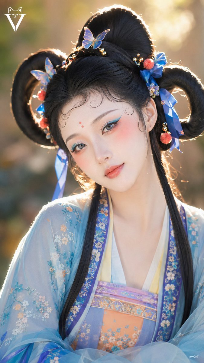 一张 9:16 竖版古典汉服妆造真人肖像，以一位成年东亚女性为主体，整体呈现：