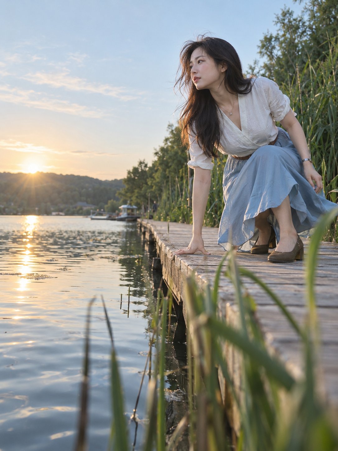 一位极具镜头感的成年韩国 INS 女网红,皮肤白皙,身材傲人,穿着与夏日水边协调的法式慵懒风私服。在湖边木栈道上,她正从