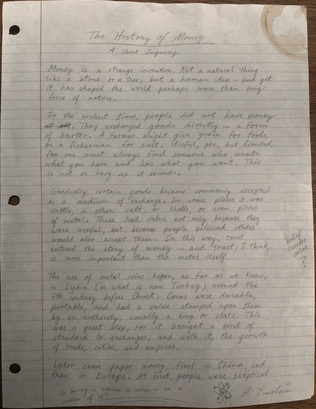 a photorealistic, taken by phone photo of a handwritten essa