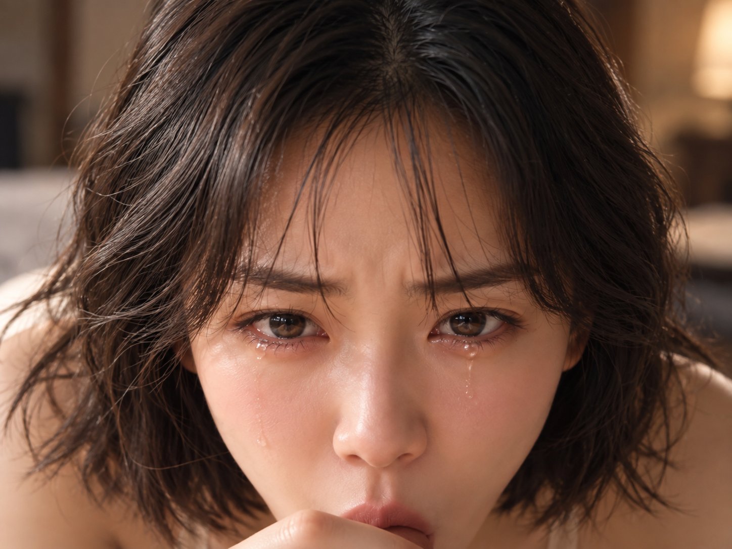一张电影情节片段的视角,(垫图了)东亚网红女孩正面弯腰低头,皱着眉头,眼中含泪,脸颊不明显的微微潮红,画面只能看到她鼓着