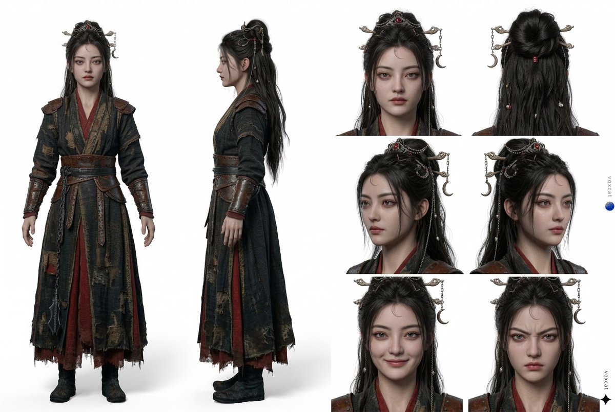 3:2 横版角色设定卡/转面板（turnaround sheet / model sheet），纯白干净棚拍背景。以参考