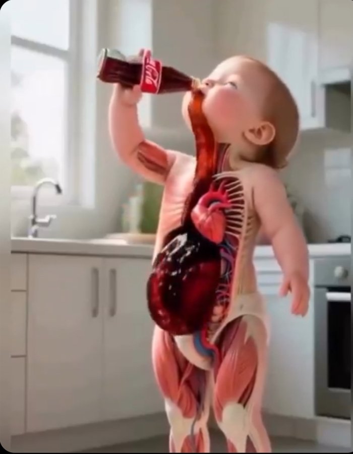 Cute baby drinks cola while a transparent anatomical view sh