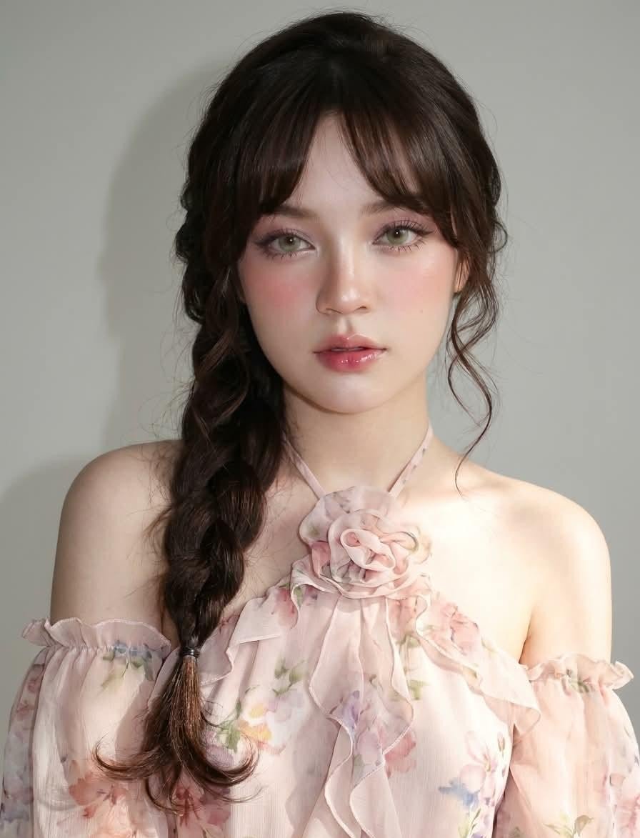 Ultra-realistic portrait of a young woman against a plain li