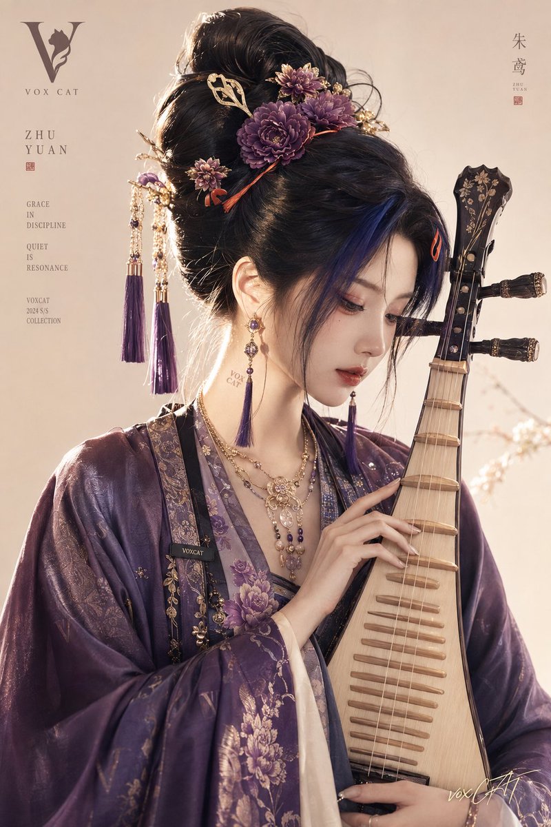 极简时尚封面感 × editorial 人像 × 独立艺术企划主视觉,年轻成年女性古风人物半身肖像,华丽黑色高髻,紫粉花
