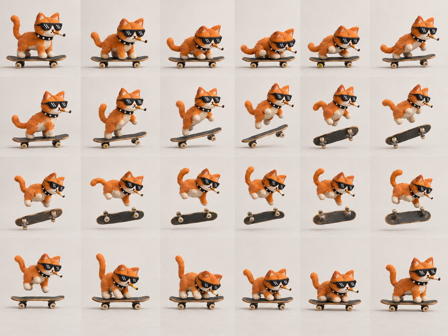 Create a 24-frame clay stop-motion loop of an orange-and-whi