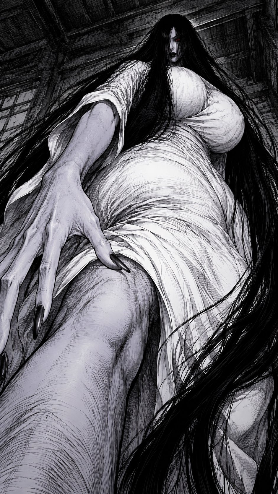{角色},转化为日式黑白怪谈漫画中的成年女性妖异角色,保留角色最具辨识度的发型、配色与身份符号,同时将整体造型重新设计为