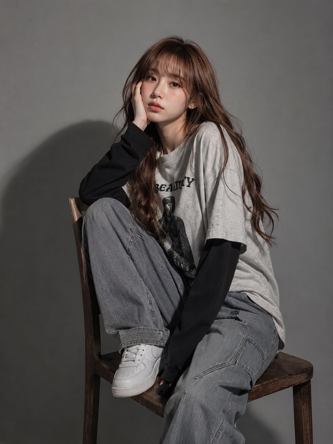 A stylish studio portrait of a young woman sitting sideways 