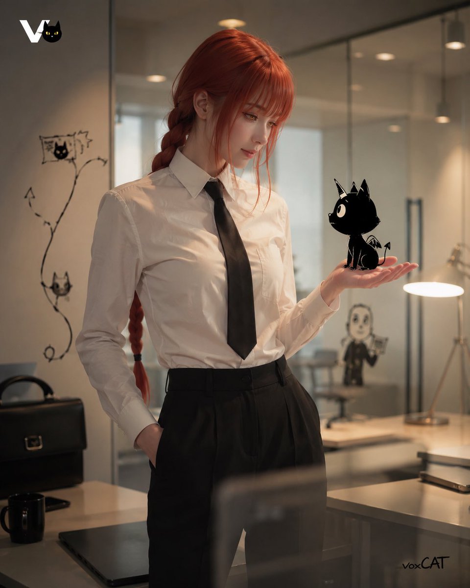 以【角色/人物】为主体,创作一张真人摄影 × 手绘线条角色互动 × VOXCAT 品牌幻想世界的奇幻现实主义画面。
