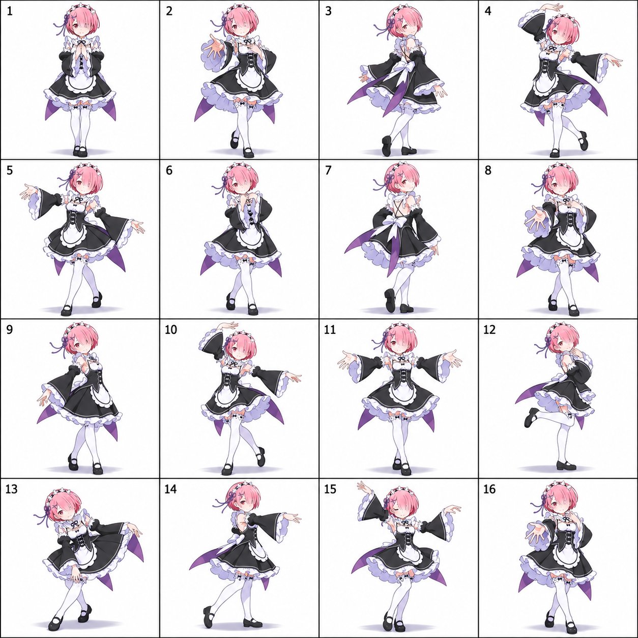 Create a 4×4 dance pose sheet featuring the character in the