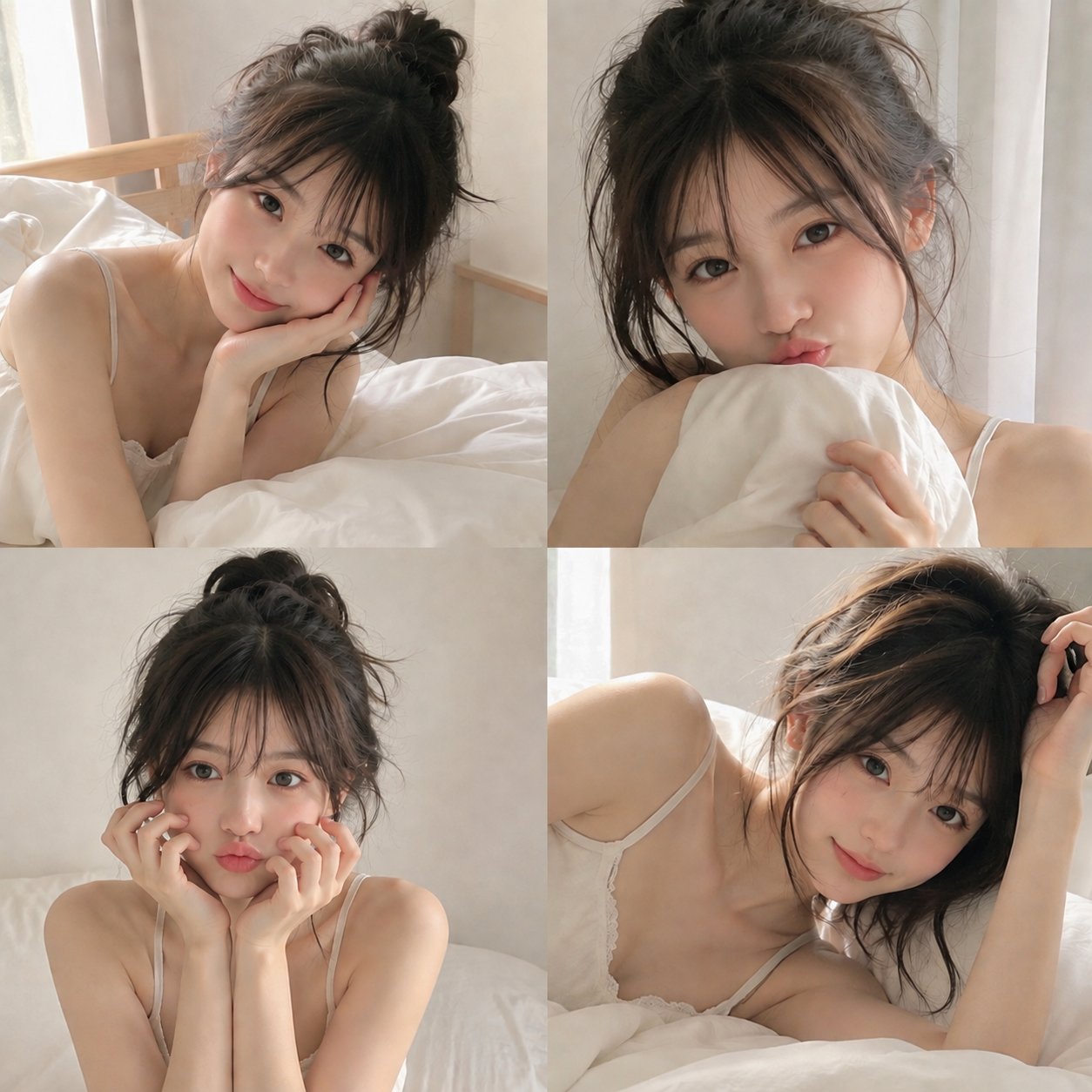 Create a photorealistic 2×2 collage of a cute adult Japanese