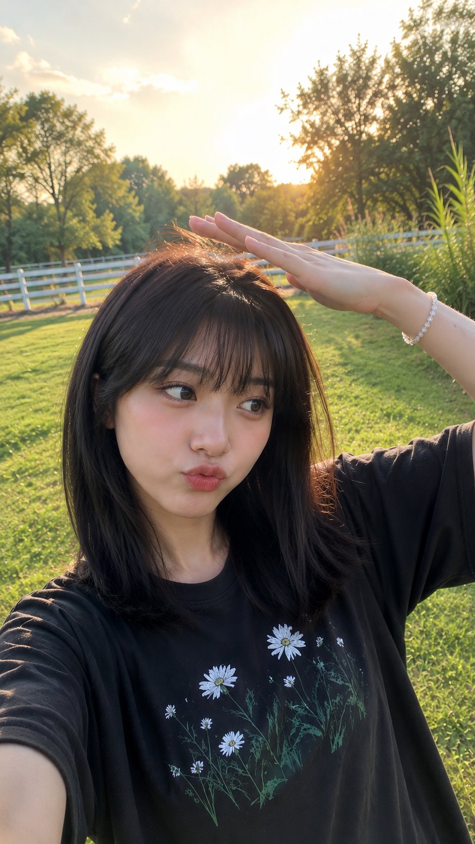 Photorealistic candid outdoor portrait of a young East Asian