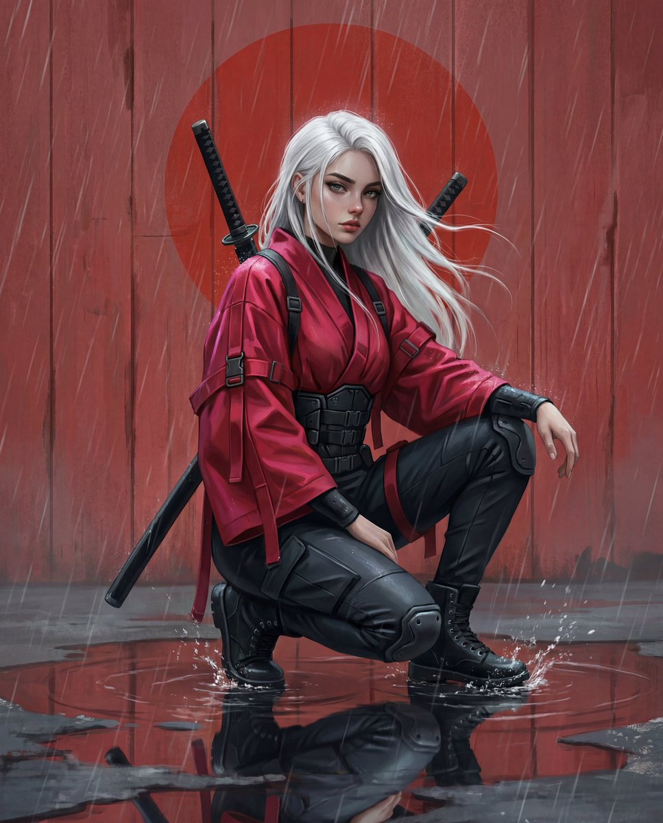 Full-body cinematic illustration of a young woman with long,