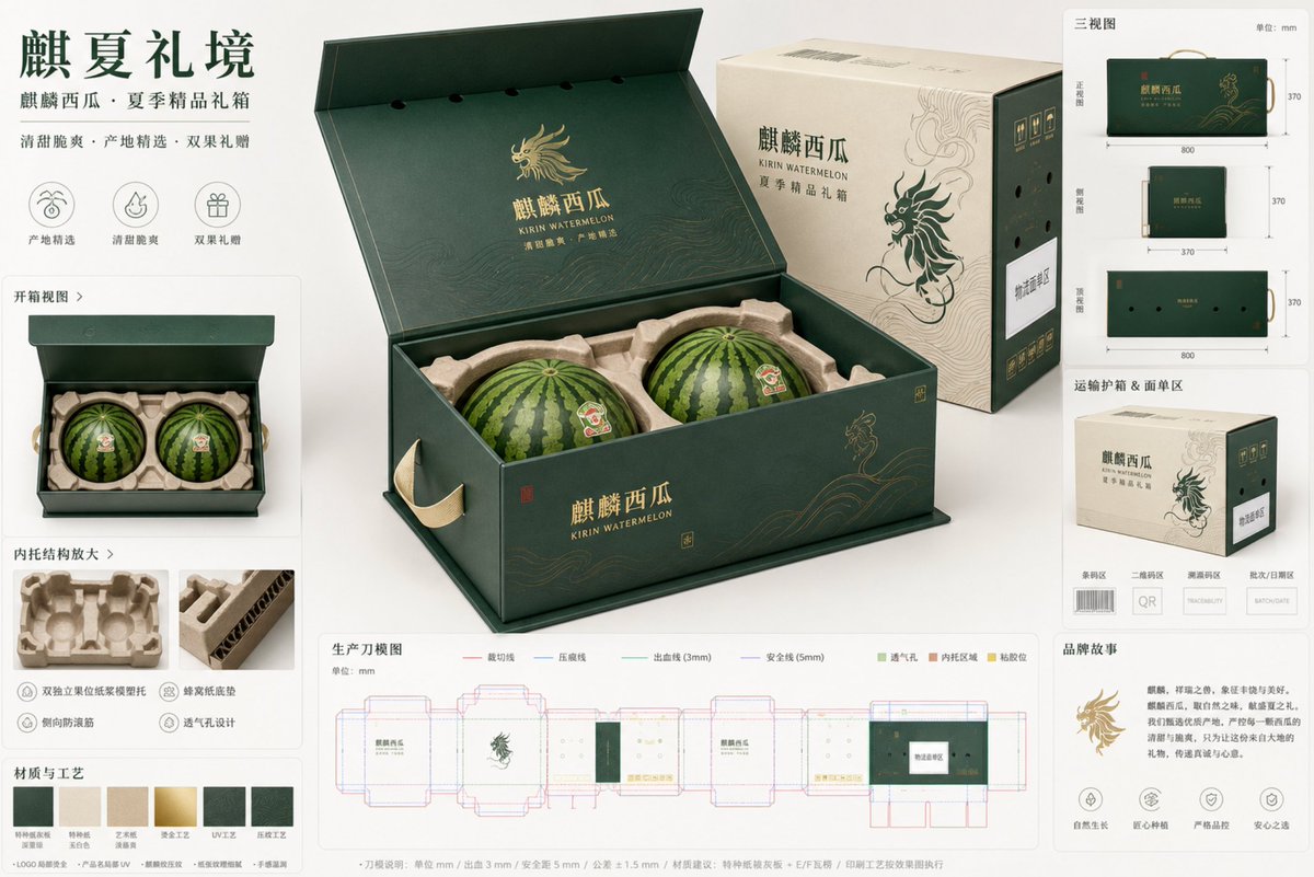 任务:为“麒麟西瓜”设计一张高端水果电商包装提案板,主题为“麒夏礼境”,面向城市中高端家庭送礼、企业团购、生鲜电商精品礼