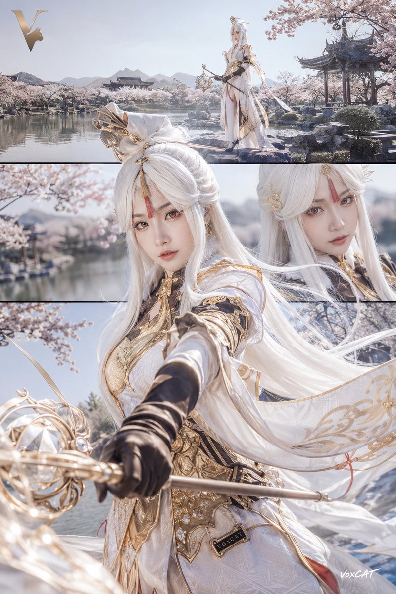 以【角色】为主体,创作一张 2:3 竖版真人 COS 东方仙侠电影海报。