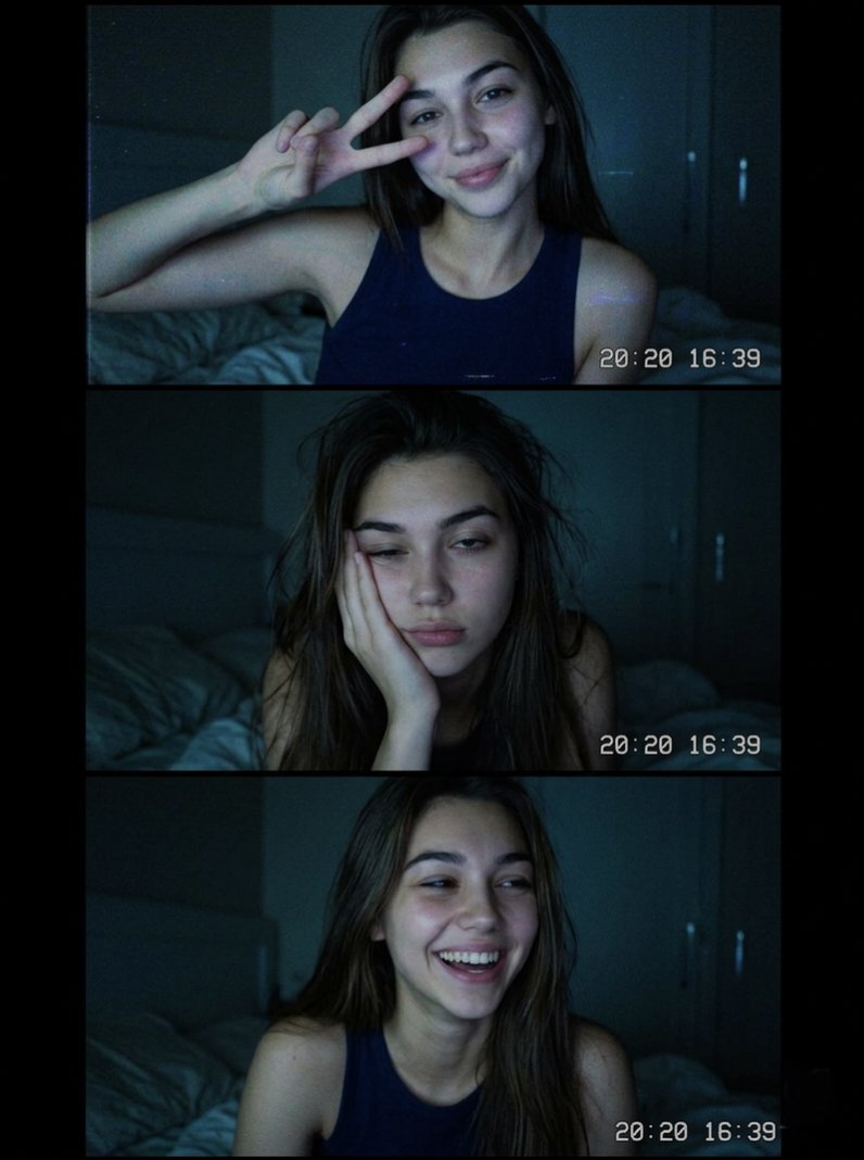 Vintage webcam-style photo booth collage of a young brunette