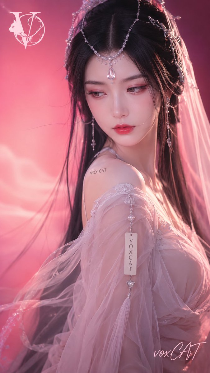 自定义角色 / 我指定的角色，年轻冷艳的古风仙侠气质人像，黑色长直发，中分发型，发丝柔顺垂落，佩戴精致银色水钻额饰与眉心
